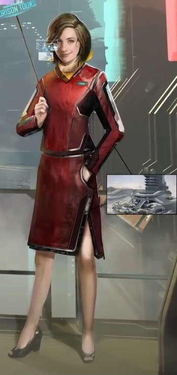 Star Citizen: Female character in a sleek red futuristic uniform, equipped with a holographic eyepiece, standing in a high-tech environment.