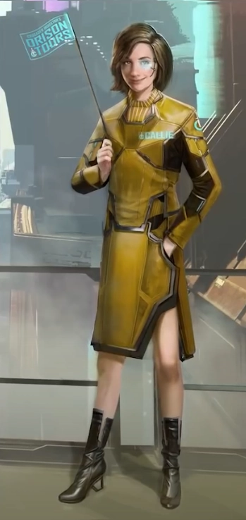 Star Citizen: Female character in a sleek yellow futuristic outfit, holding an 'Orison Tours' flag, standing confidently in a high-tech environment.