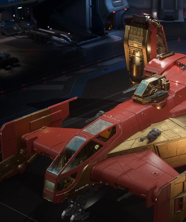 Star Citizen ship: Red and gold futuristic spacecraft with detailed design, featuring advanced weaponry and a sleek cockpit, displayed in a hangar.