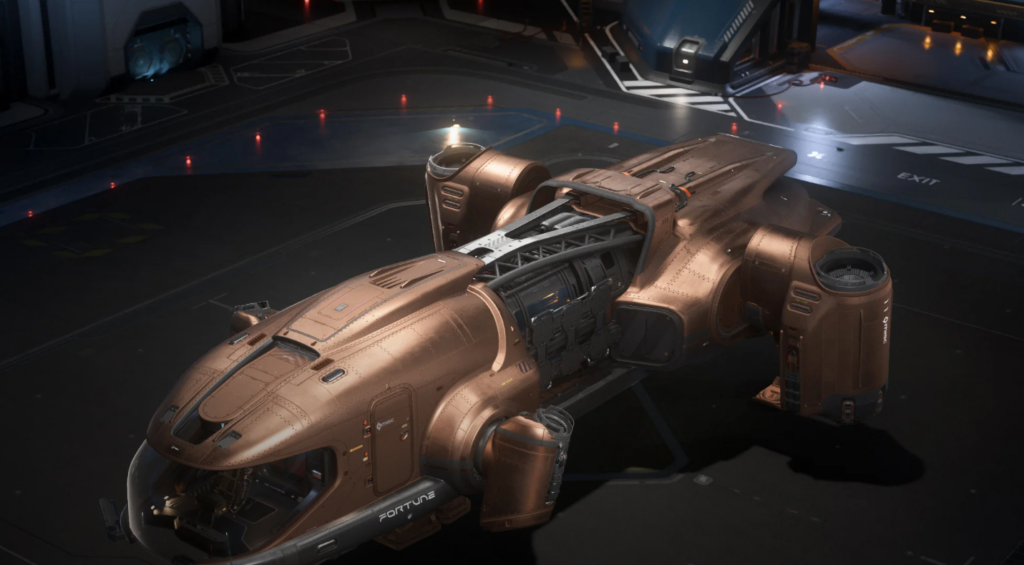 Star Citizen ship: Copper-toned futuristic spacecraft with sleek design and advanced details, displayed in a hangar.