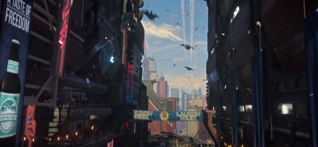 Star Citizen: A bustling futuristic cityscape with towering structures, banners for 'Launch Week,' and ships flying in formation under a vibrant sky.