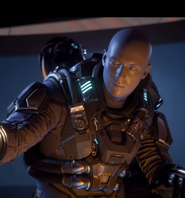 Star Citizen: Close-up of a futuristic astronaut in high-tech armor, illuminated by soft lighting, engaged in an intense moment.