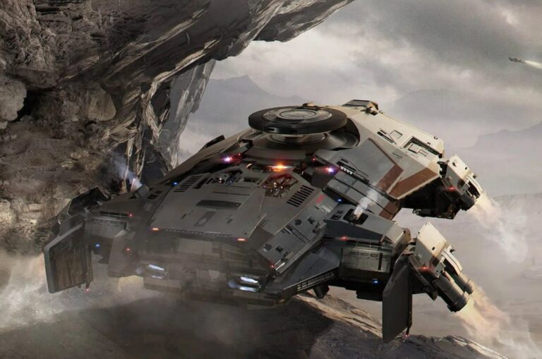 Futuristic spacecraft navigating through rocky canyon terrain with engines glowing.
