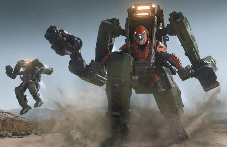 Giant armored combat mechs with heavy weapons advancing across a battlefield in Star Citizen.