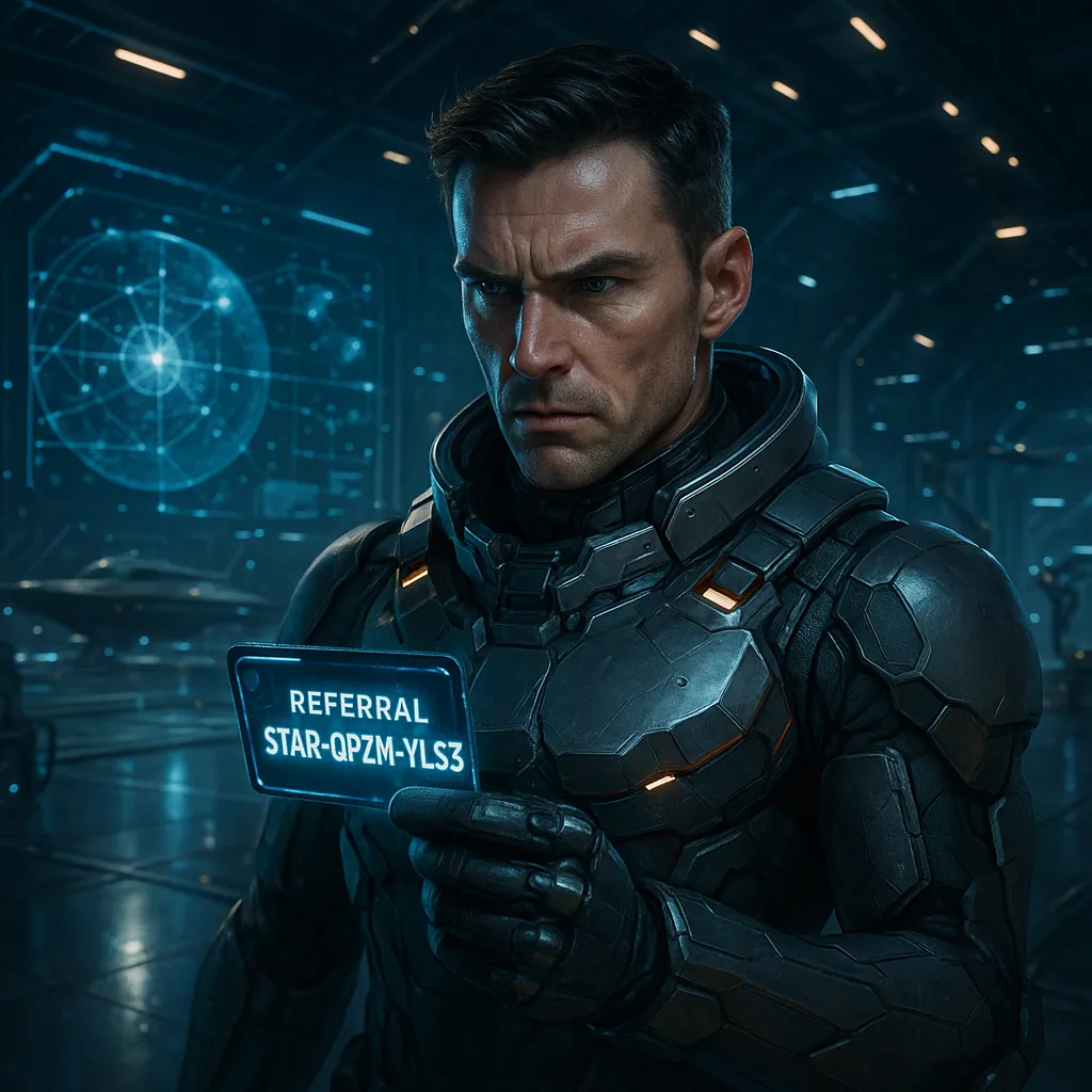 futuristic pilot holding a digital referral code in a sci-fi hangar